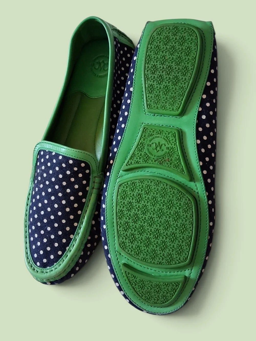 Johnston & Murphy Men's Navy Polka Dot Slip-On Loafers with Green Trim 8.5